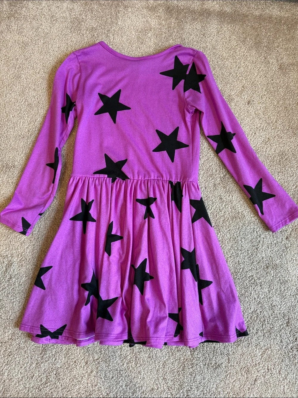 Girls' Purple Star Print Long-Sleeve Twirl Dress